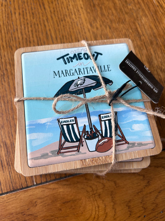 Calling a time out in Margaritaville Eagles wooden cup coaster set